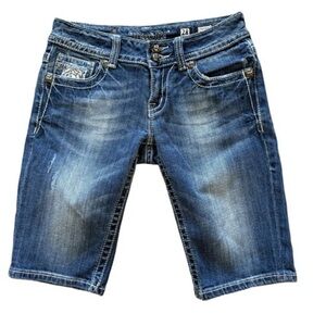 ✨ MISS ME Low Rise Bermuda Jean Shorts Size 28 💎 Embellished Flap Pockets Y2K